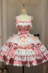 Robe Jsk Lolita Poupée Rose Sans Manches à Volants Multicouches avec Nœud en Dentelle Douce et Magnifique